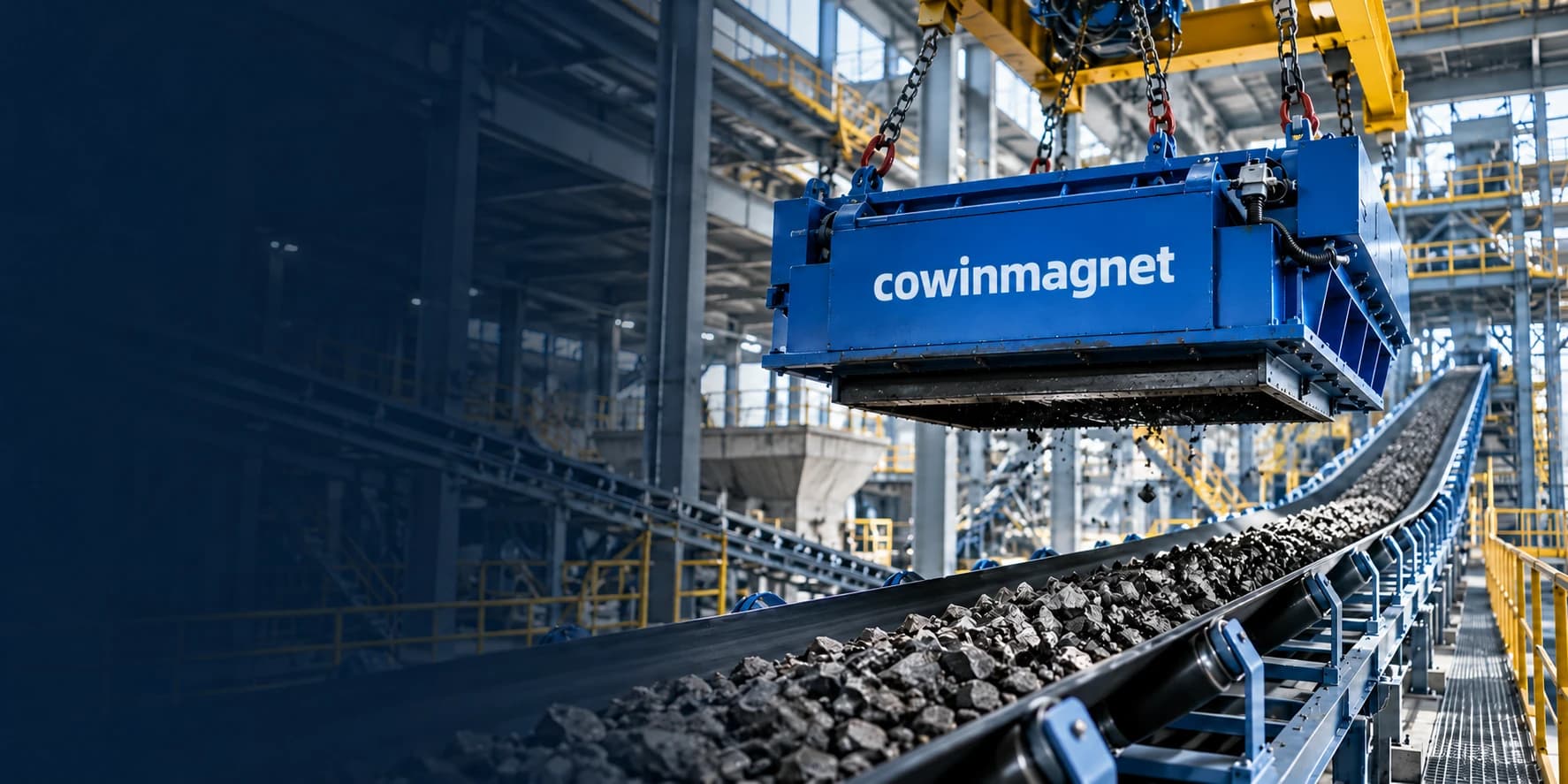 COWIN MAGNET magnetic separator working above a conveyor line